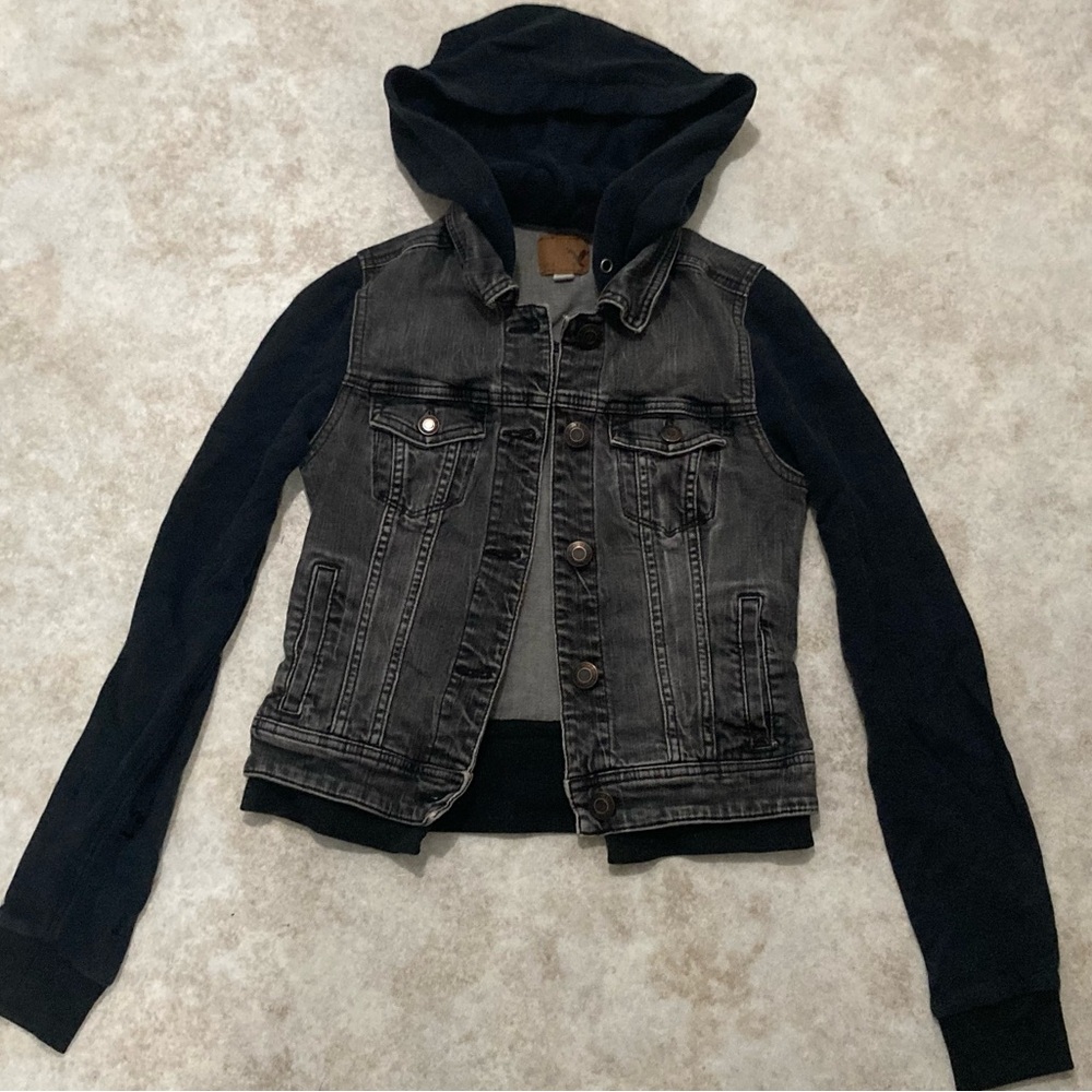 AEO 🦅 Black Denim Vest Sweatshirt Hoodie Jacket - Picture 4 of 11